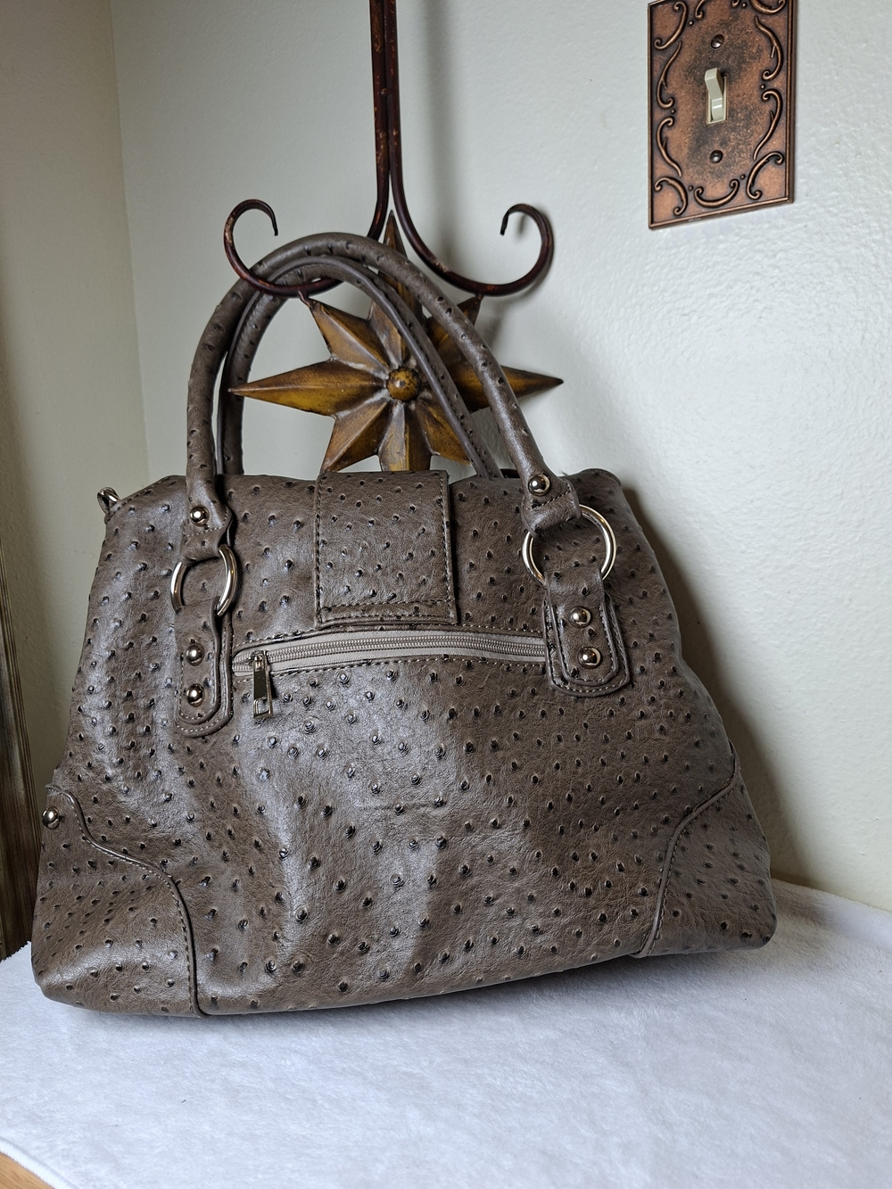 Taupe Textured Satchel Handbag - Women's Classic Tote